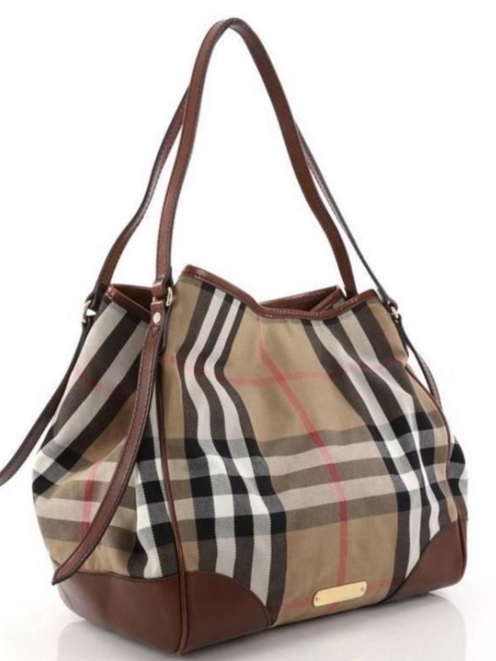 Authentic Burberry Tan Check Canvas Canterbury Tote with Brown Leather Trim